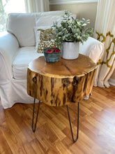 Load image into Gallery viewer, Reclaimed Solid Cypress Coffee Table with Hairpin Legs 20’’ diameter
